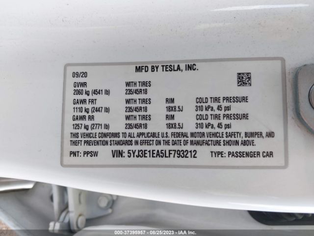 5YJ3E1EA5LF793212 Tesla Model 3 Standard Range
