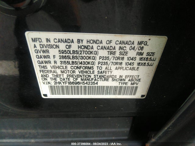 2006 HONDA PILOT EX-L WITH RES VIN: 2HKYF18696H542354