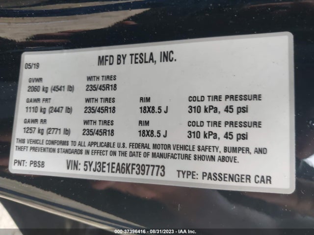 2019 Tesla 3, VIN: 5YJ3E1EA6KF397773