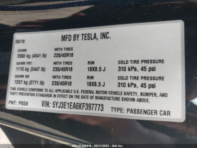 5YJ3E1EA6KF397773 Tesla Model 3 Range
