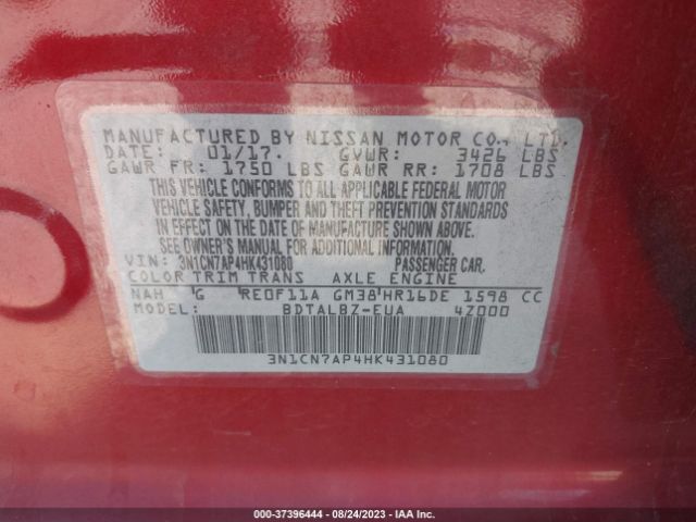 3N1CN7AP4HK431080 Nissan Versa Sedan Sv