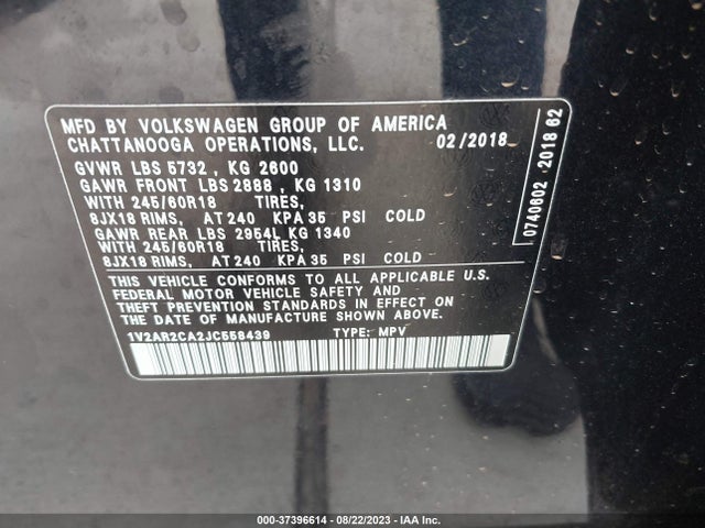 1V2AR2CA2JC558439 Volkswagen Atlas 3.6l V6 S