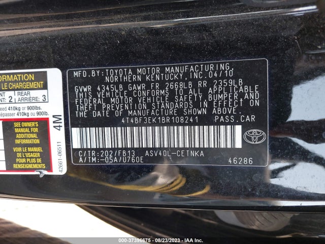 37396675 :رقم المزاد ، 4T4BF3EK1BR108241 vin ، 2011 Toyota Camry مزاد بيع