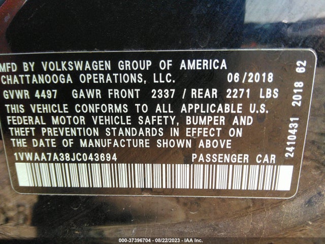 2018 VOLKSWAGEN PASSAT 2.0T S/R-LINE VIN: 1VWAA7A38JC043694