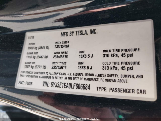 2020 Tesla 3, VIN: 5YJ3E1EA0LF606684