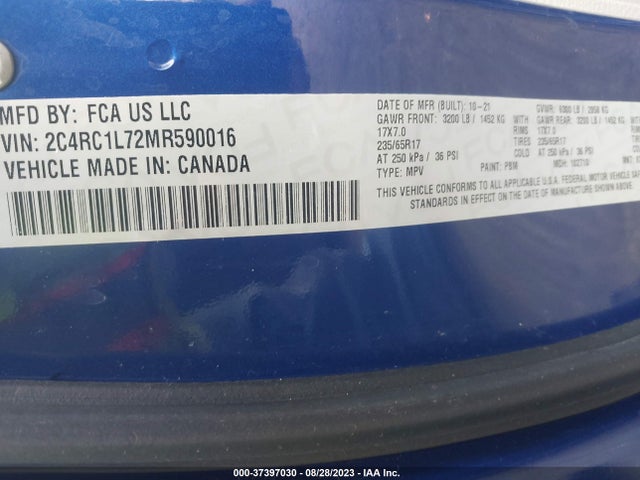 2021 CHRYSLER PACIFICA HYBRID TOURING L VIN: 2C4RC1L72MR590016