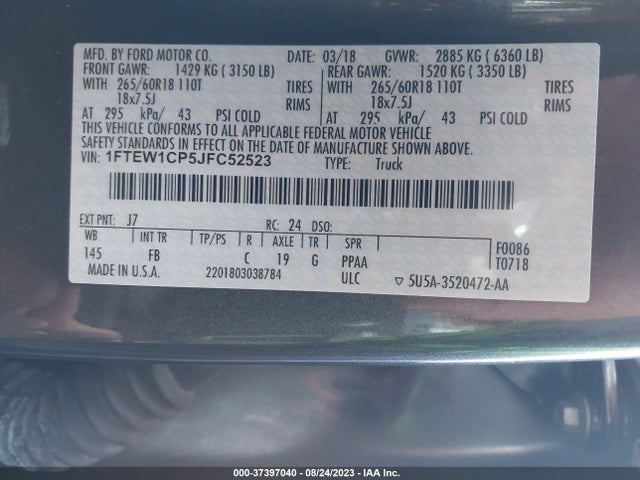 2018 Ford F-150, VIN: 1FTEW1CP5JFC52523