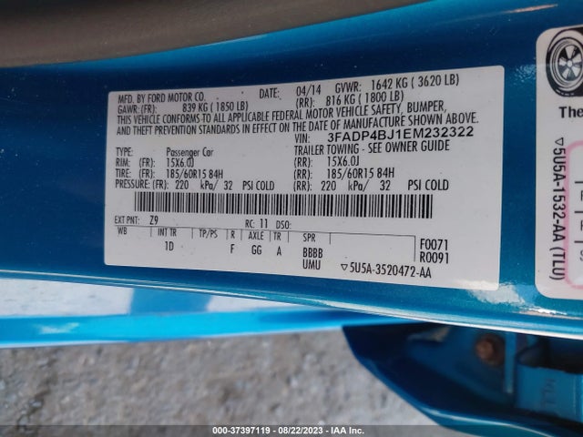 2014 FORD FIESTA SE VIN: 3FADP4BJ1EM232322