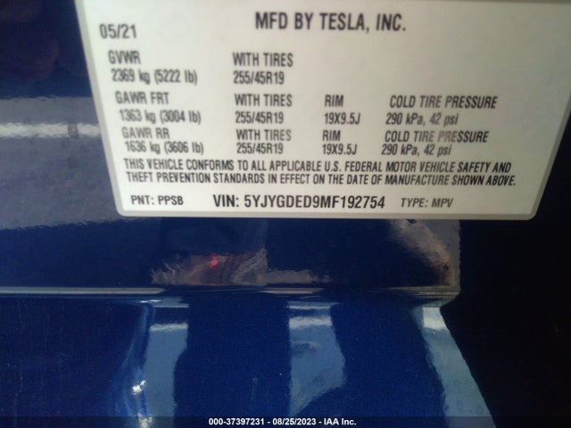 5YJYGDED9MF192754 Tesla Model Y Standard Range