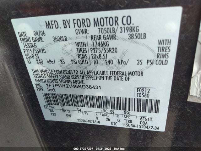 2006 FORD F-150 XLT/LARIAT/KING RANCH VIN: 1FTPW12V46KD38431