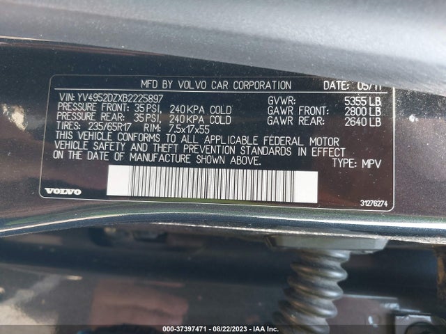 2011 VOLVO XC60 3.2L VIN: YV4952DZXB2225897