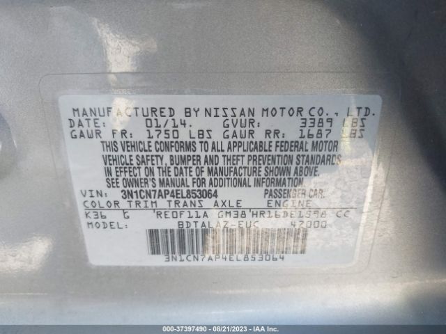 3N1CN7AP4EL853064 Nissan Versa S Plus