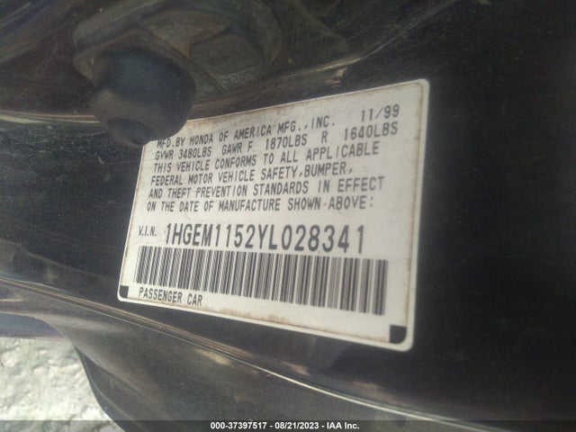 2000 HONDA CIVIC SI VIN: 1HGEM1152YL028341