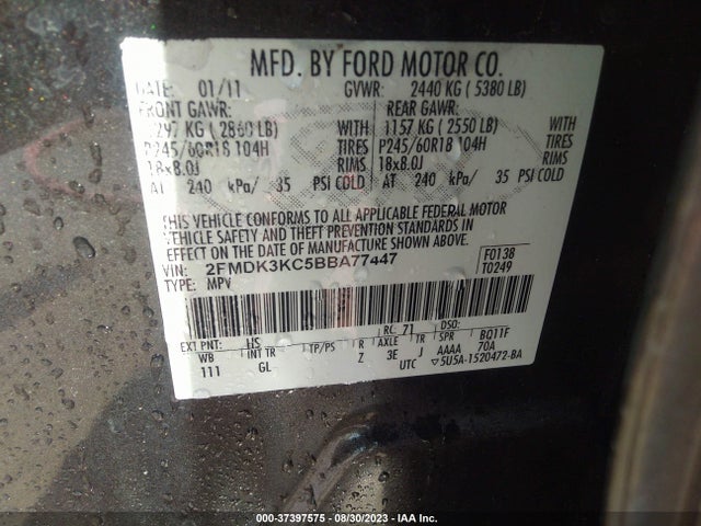 2011 FORD EDGE LIMITED VIN: 2FMDK3KC5BBA77447