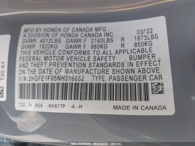 2HGFE1F95NH316652 Honda Civic Sedan Touring