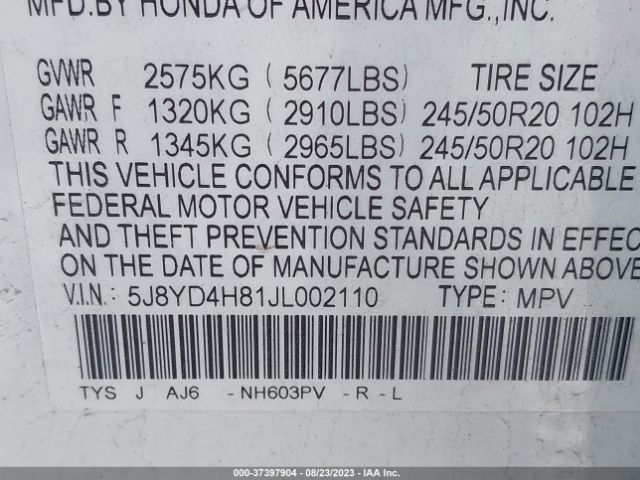 5J8YD4H81JL002110 Acura Mdx W/advance Pkg