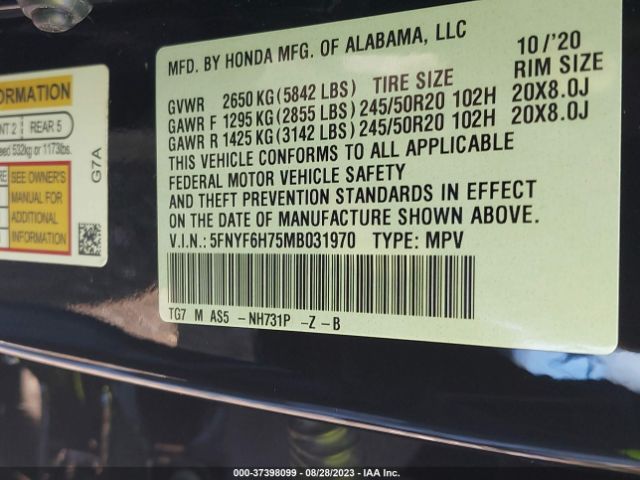 5FNYF6H75MB031970 Honda Pilot Black Edition