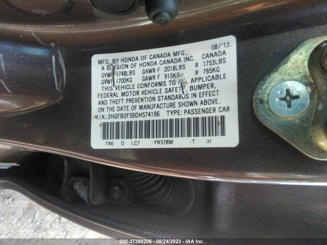 2013 HONDA CIVIC SDN LX VIN: 2HGFB2F59DH574196