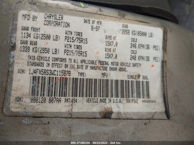1998 JEEP GRAND CHEROKEE LAREDO VIN: 1J4FX58S3WC115878