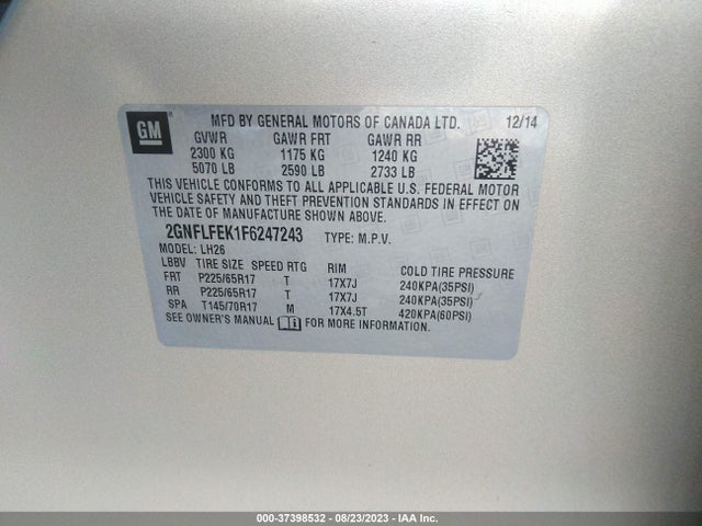 2015 CHEVROLET EQUINOX LT VIN: 2GNFLFEK1F6247243