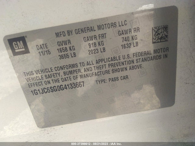 Chevrolet SONIC LT 2016 1G1JC6SG0G4133667 Image 9