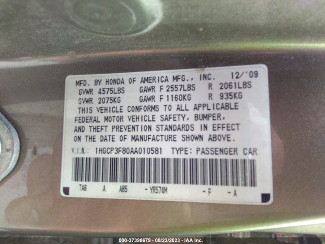 2010 HONDA ACCORD SDN EX-L VIN: 1HGCP3F80AA010581