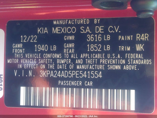 2023 KIA RIO S VIN: 3KPA24AD5PE541554