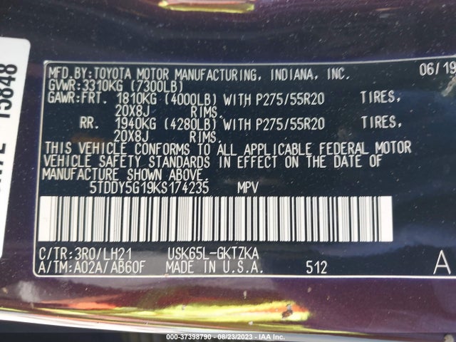 2019 Toyota Sequoia, VIN: 5TDDY5G19KS174235