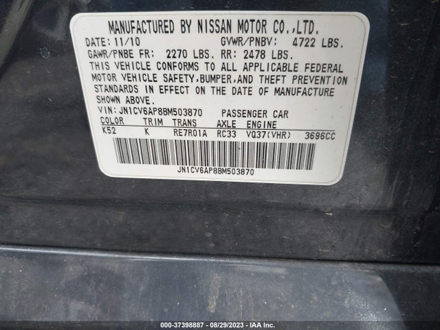 2011 INFINITI G37 SEDAN JOURNEY VIN: JN1CV6AP8BM503870