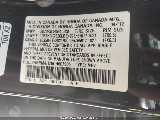 2012 HONDA CR-V EX-L VIN: 2HKRM4H76CH607905