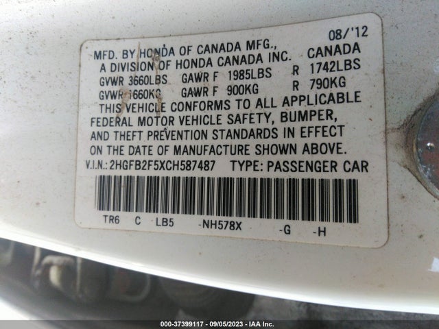 2012 HONDA CIVIC SDN LX VIN: 2HGFB2F5XCH587487