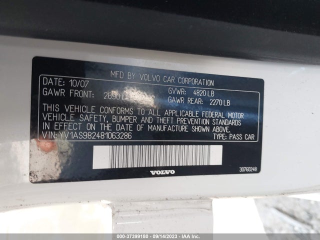 2008 VOLVO S80 3.2L VIN: YV1AS982481063286