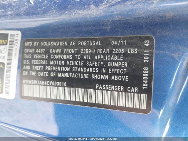 2012 VOLKSWAGEN EOS KOMFORT VIN: WVWBW7AH4CV003916