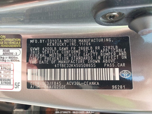 2005 TOYOTA CAMRY STD/LE/SE/XLE VIN: 4T1BE32K45U508655