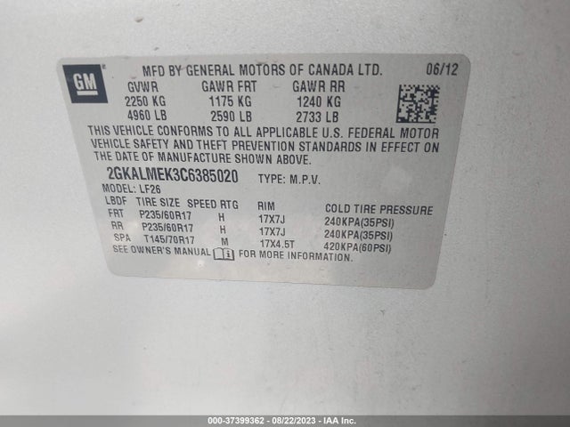 2012 GMC TERRAIN SLE-1 VIN: 2GKALMEK3C6385020