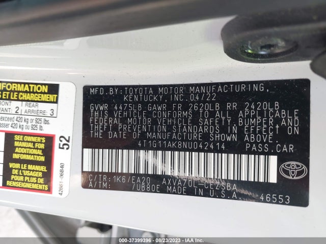 2022 TOYOTA CAMRY SE VIN: 4T1G11AK8NU042414