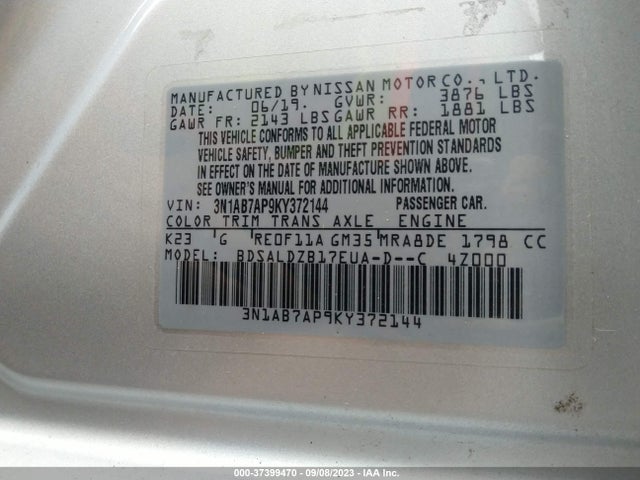 Nissan SENTRA SV 2019 3N1AB7AP9KY372144 Image 9