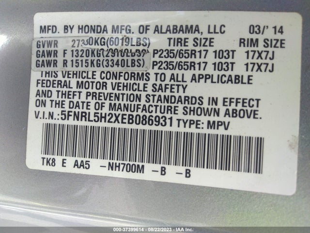 Honda ODYSSEY LX 2014 5FNRL5H2XEB086931 Image 9
