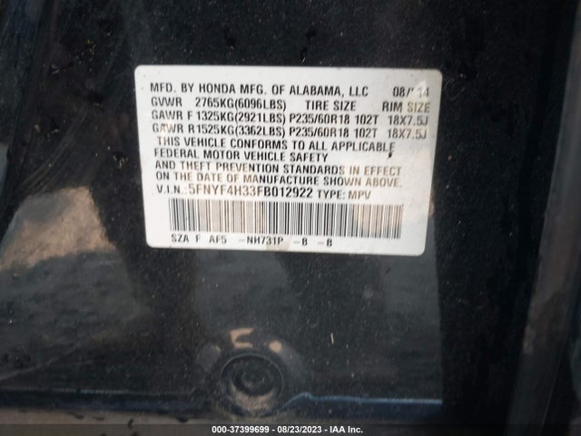 Honda PILOT SE 2015 5FNYF4H33FB012922 Image 9