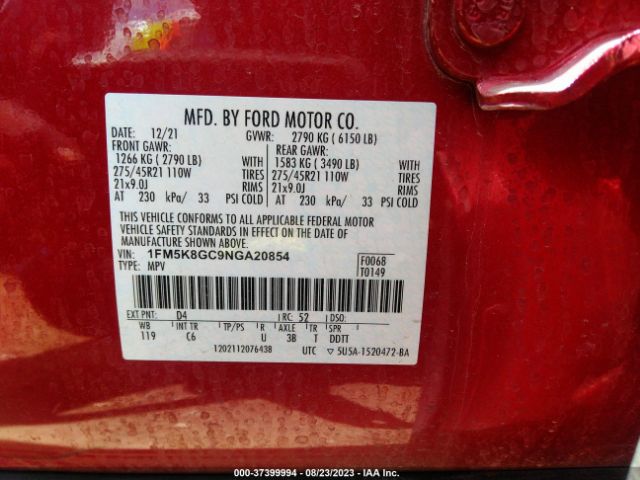 1FM5K8GC9NGA20854 Ford Explorer St