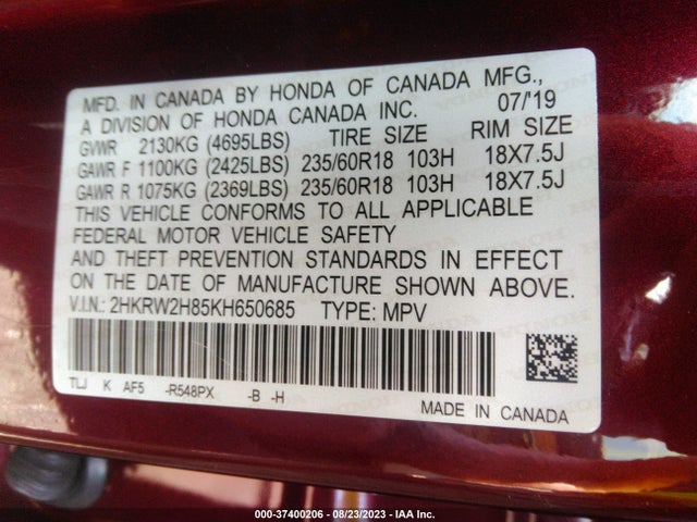 Honda Cr-v Ex-l 2019 2HKRW2H85KH650685 Image 9