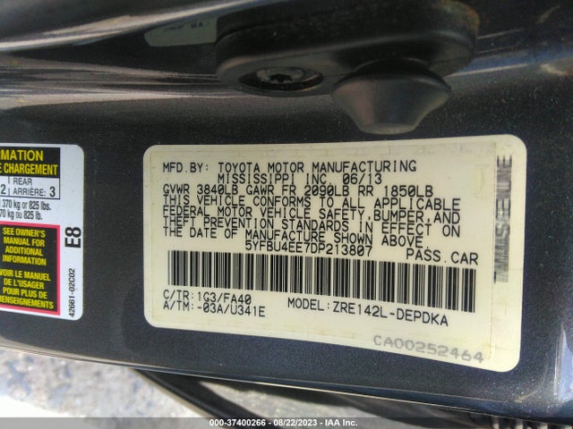 2013 TOYOTA COROLLA L/LE/S VIN: 5YFBU4EE7DP213807