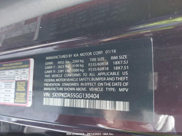 5XYPKDA55GG130404 KIA SORENTO SX