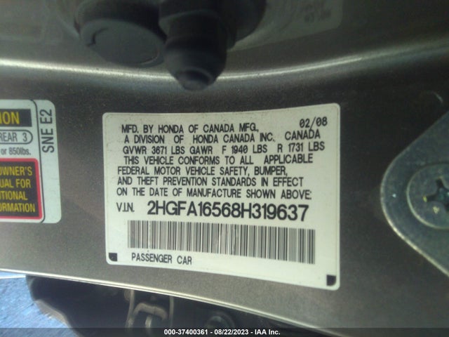 2008 HONDA CIVIC SDN LX VIN: 2HGFA16568H319637