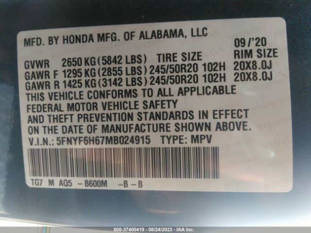 5FNYF6H67MB024915 Honda Pilot Touring 7-passenger