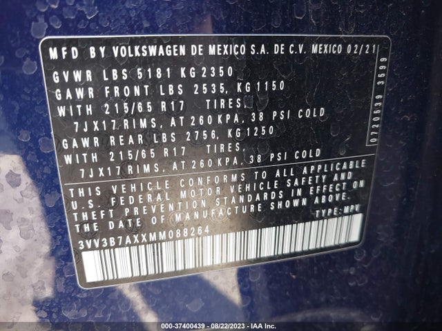 3VV3B7AXXMM088264 Volkswagen Tiguan Se/se R-line Black/sel