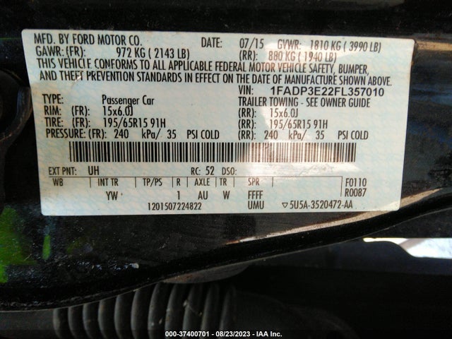 2015 FORD FOCUS S VIN: 1FADP3E22FL357010