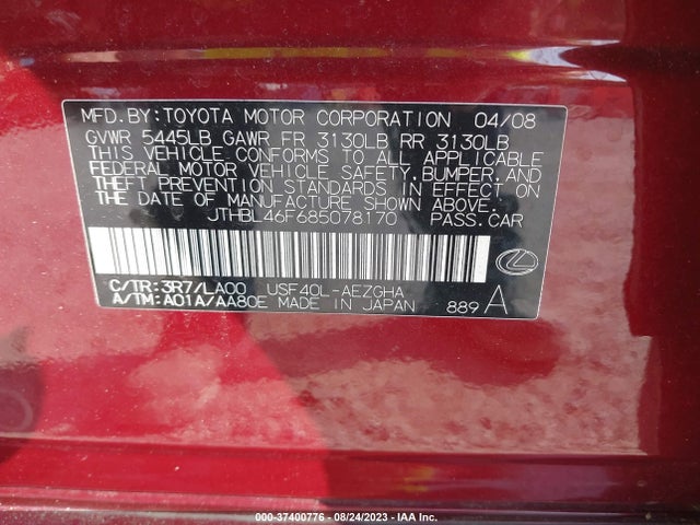 2008 LEXUS LS 460 VIN: JTHBL46F685078170
