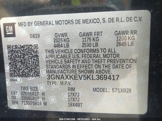 Chevrolet EQUINOX LT 2019 3GNAXKEV5KL369417 Image 9