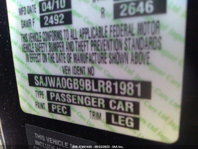 2011 JAGUAR XF PREMIUM/PORTFOLIO VIN: SAJWA0GB9BLR81981
